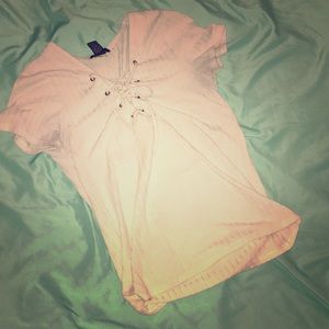 Lace Up Ribbed White Top